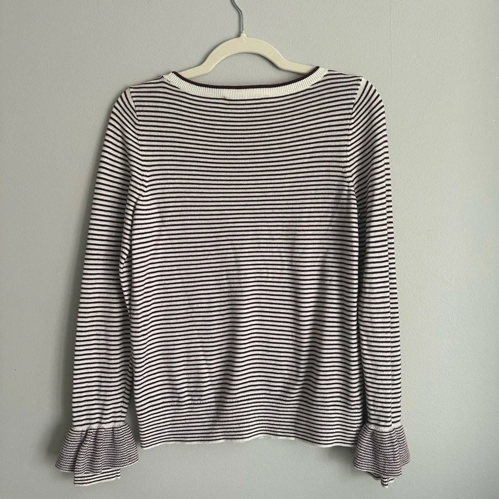 LOFT Burgundy Striped Sweater Ruffle Sleeve Small